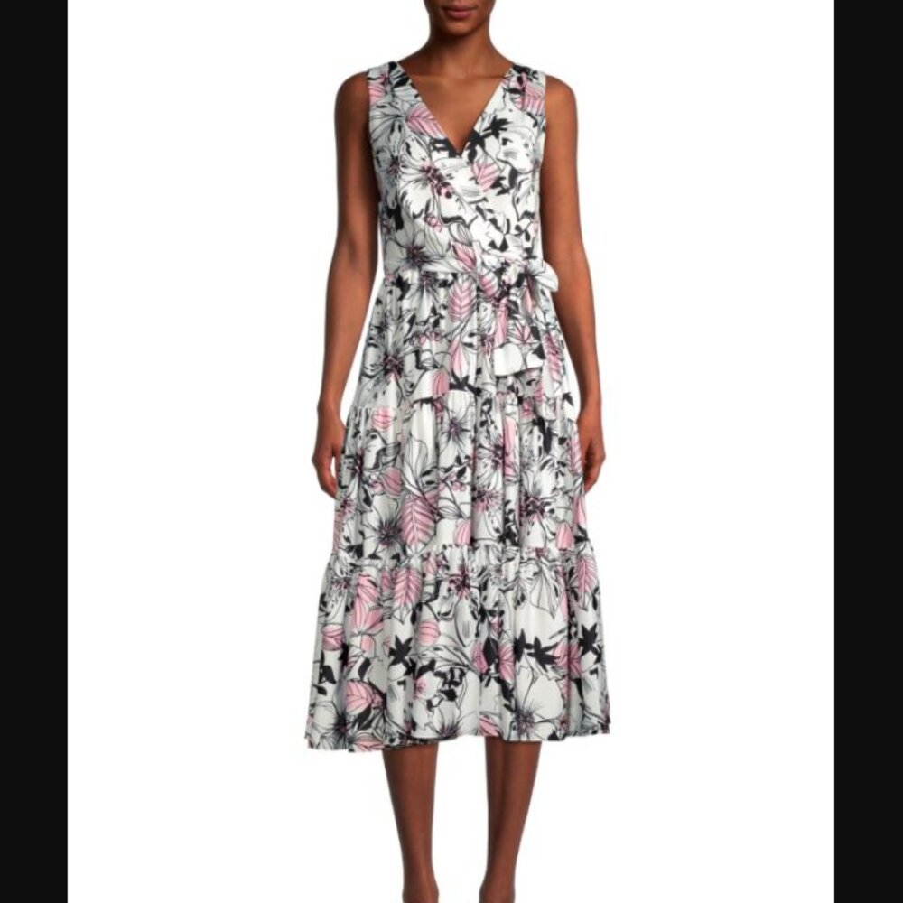 UNGARO Catherine Sleeveless Tiered Skirt Midi-Dress | Floral | NWT